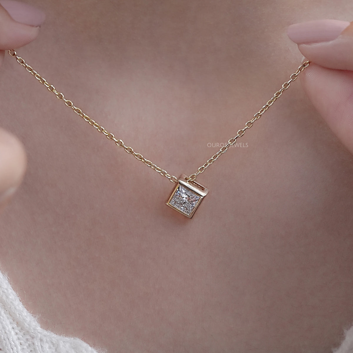 Princess Diamond Bezel Set Solitaire Pendant Necklaces