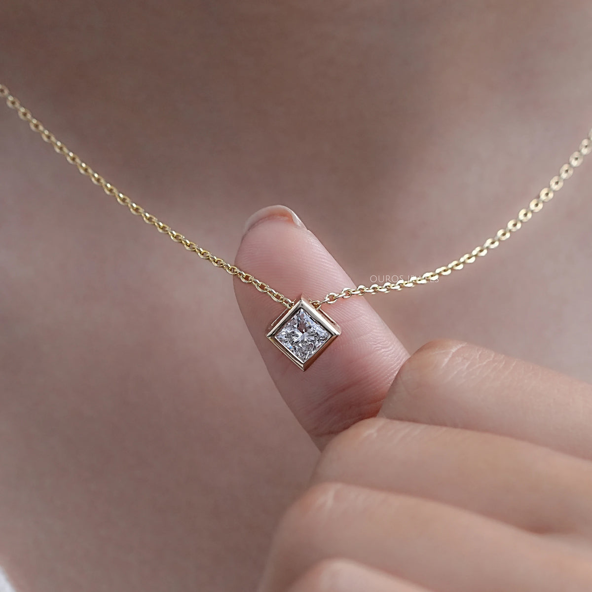 Princess Diamond Bezel Set Solitaire Pendant Necklaces