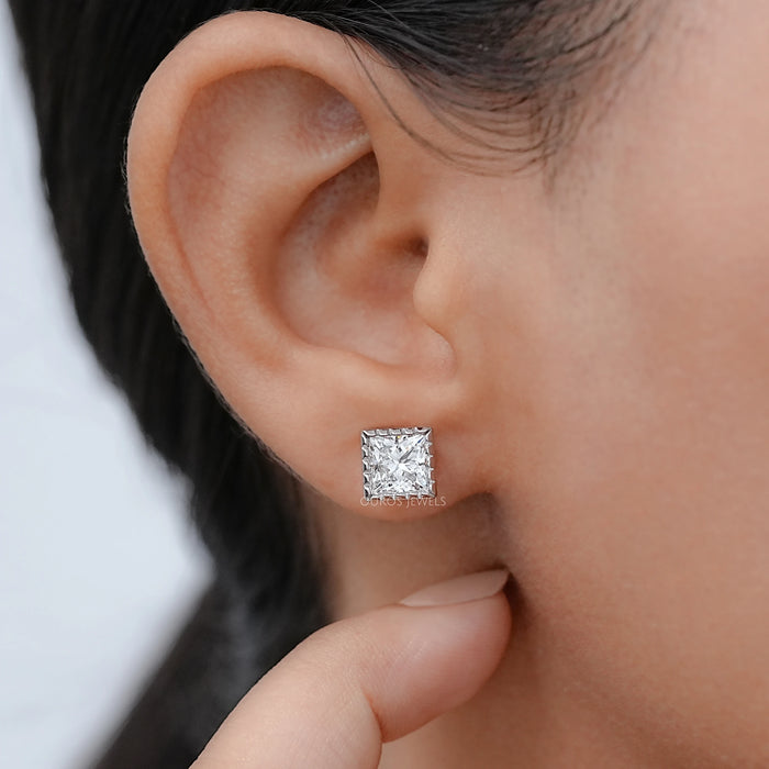 Milgrain Set Princess Lab Grown Diamond Stud Earrings