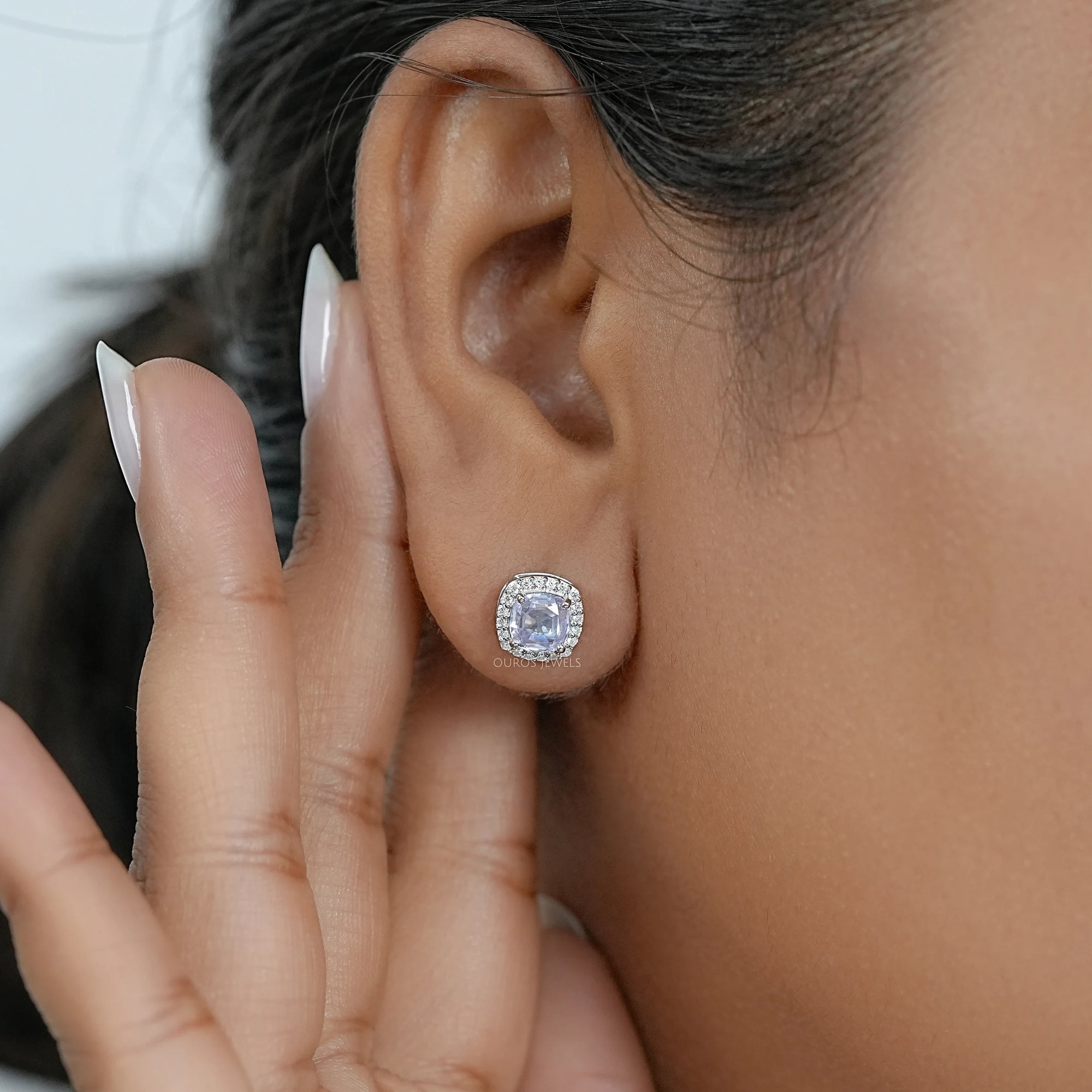 Blue Oval Sapphire Gemstone With Lab Diamond Halo Earring 
