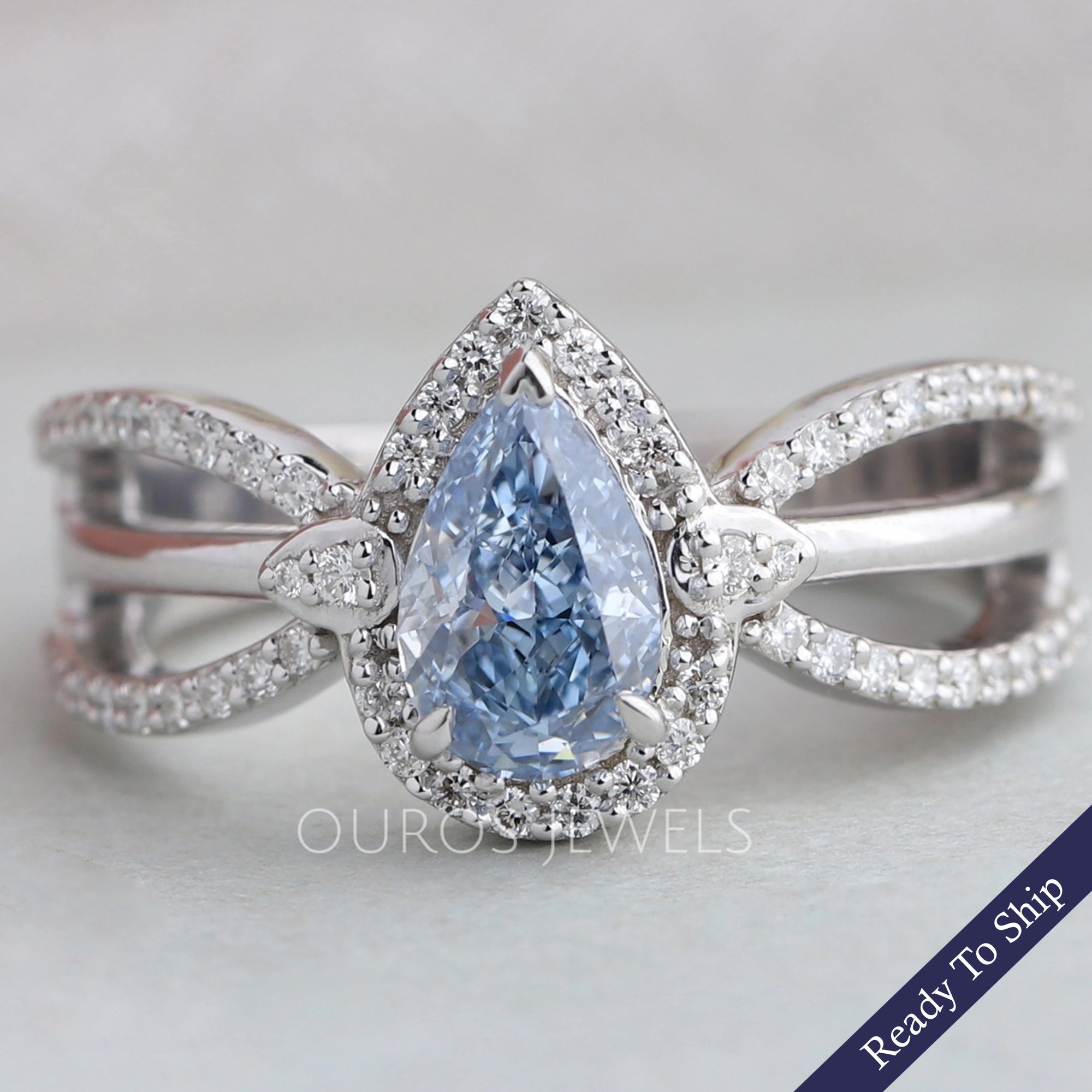 Blue Pear Cut Halo Accent Diamond Engagement Ring
