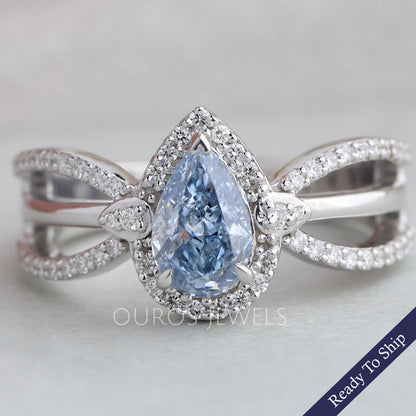 Blue Pear Cut Halo Accent Diamond Engagement Ring