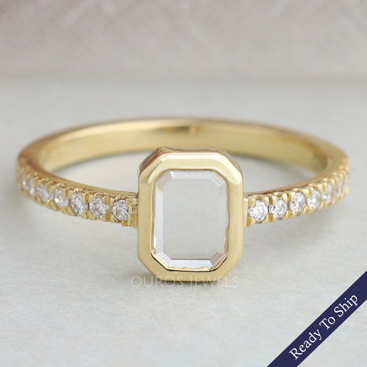 Portrait Cut Emerald Diamond Solitaire Accent Ring