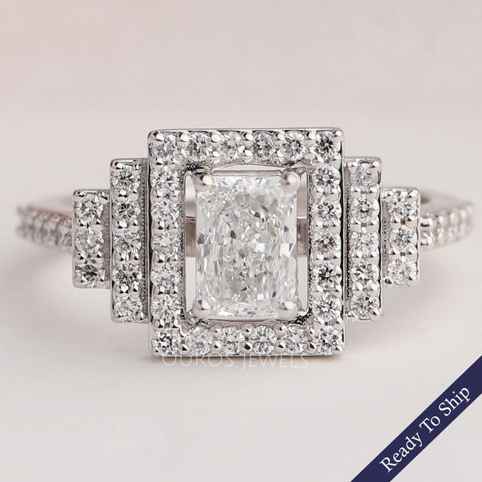 Radiant Cut Halo Diamond  Solitaire Accent Ring