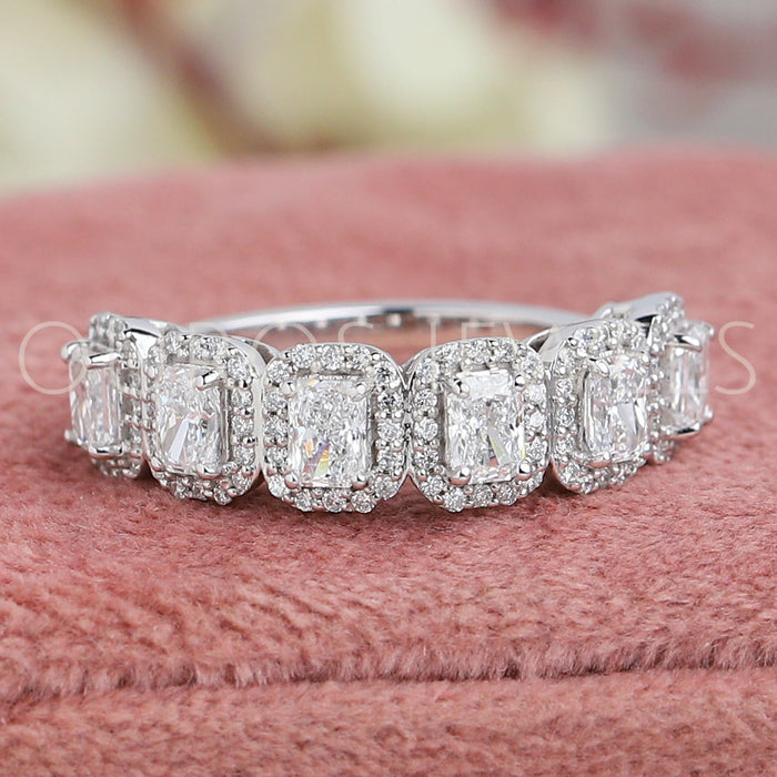 front view of radiant cut diamond halo half eternity wedding band white gold