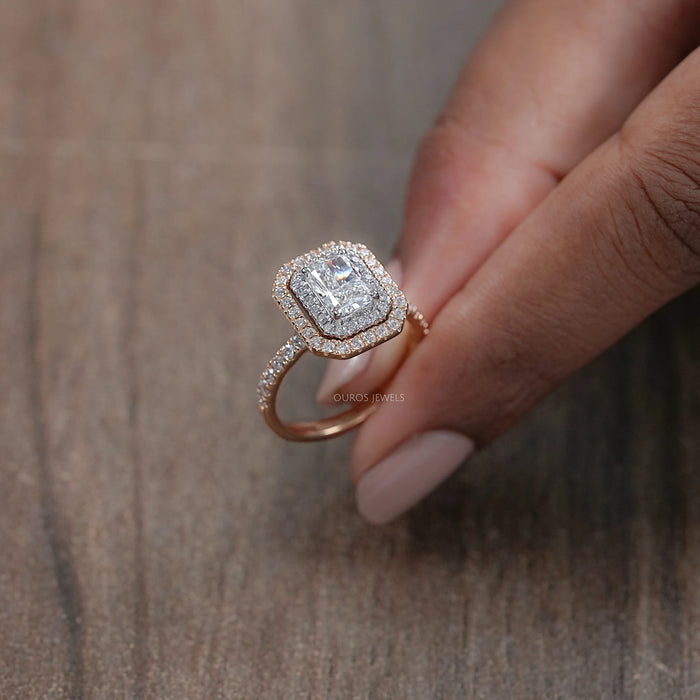radiant cut diamond double halo engagement ring's side angle view