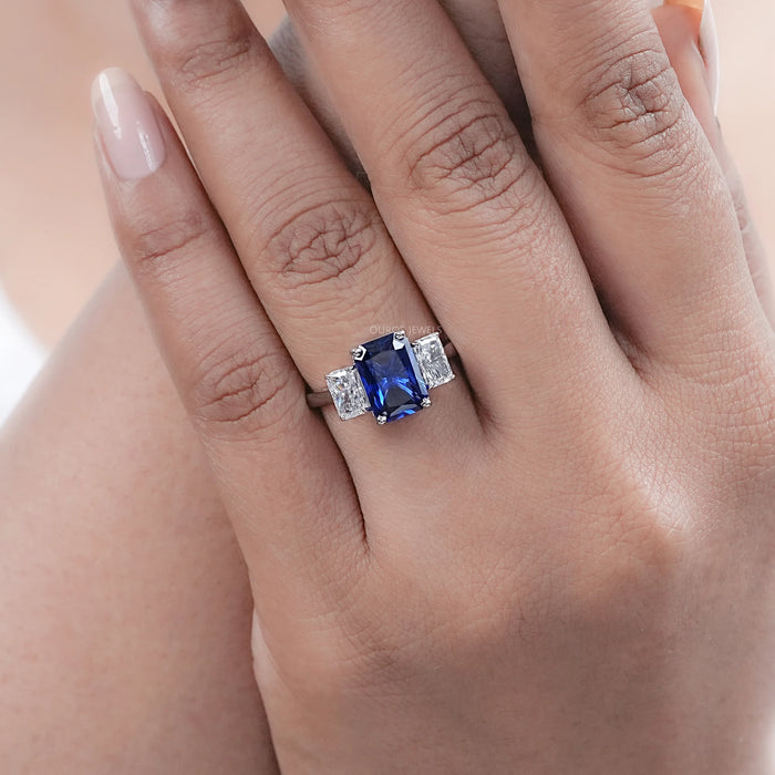 Sapphire Radiant And Lab Diamond Three Stone Ring