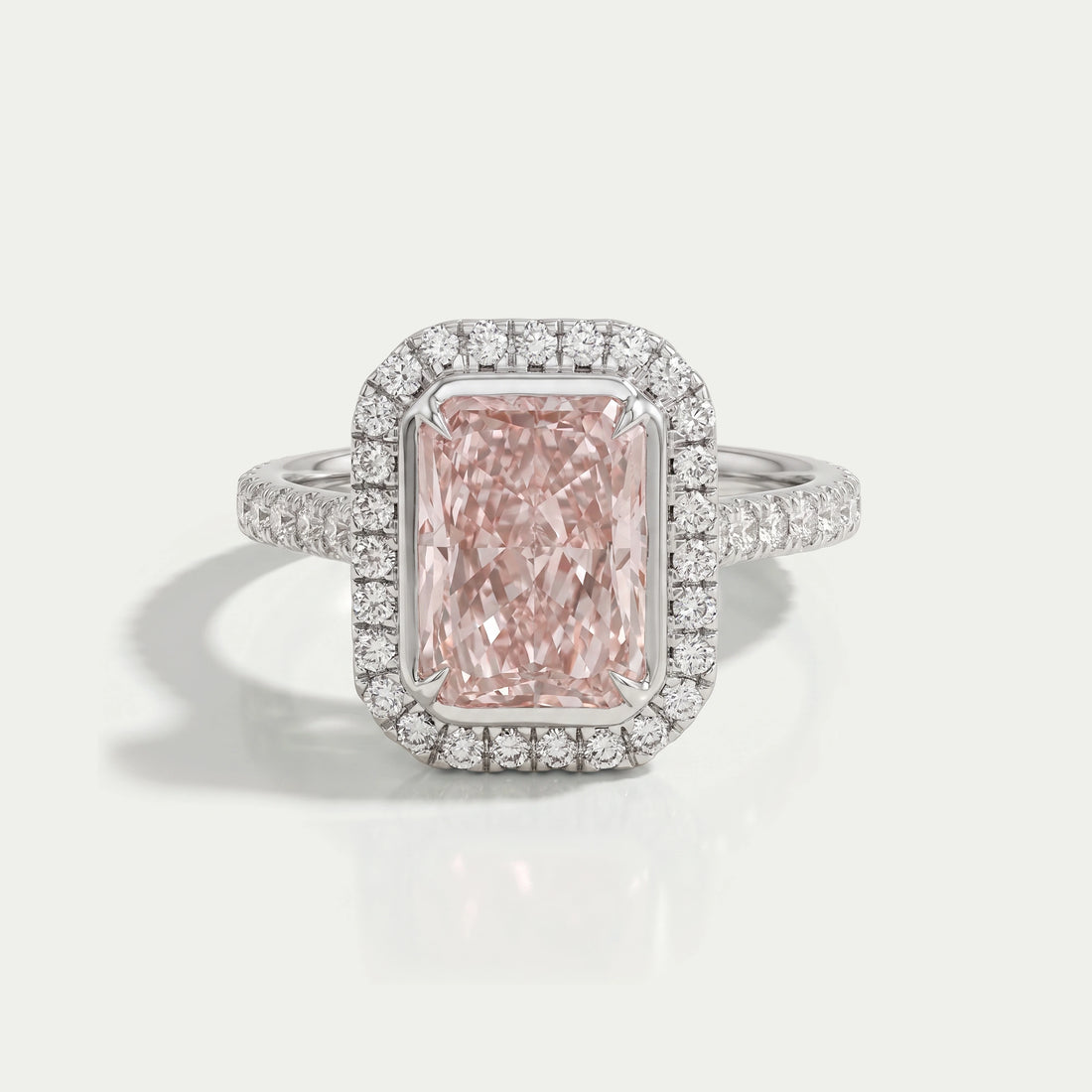 Fancy Pink Radiant Cut Halo Diamond Ring