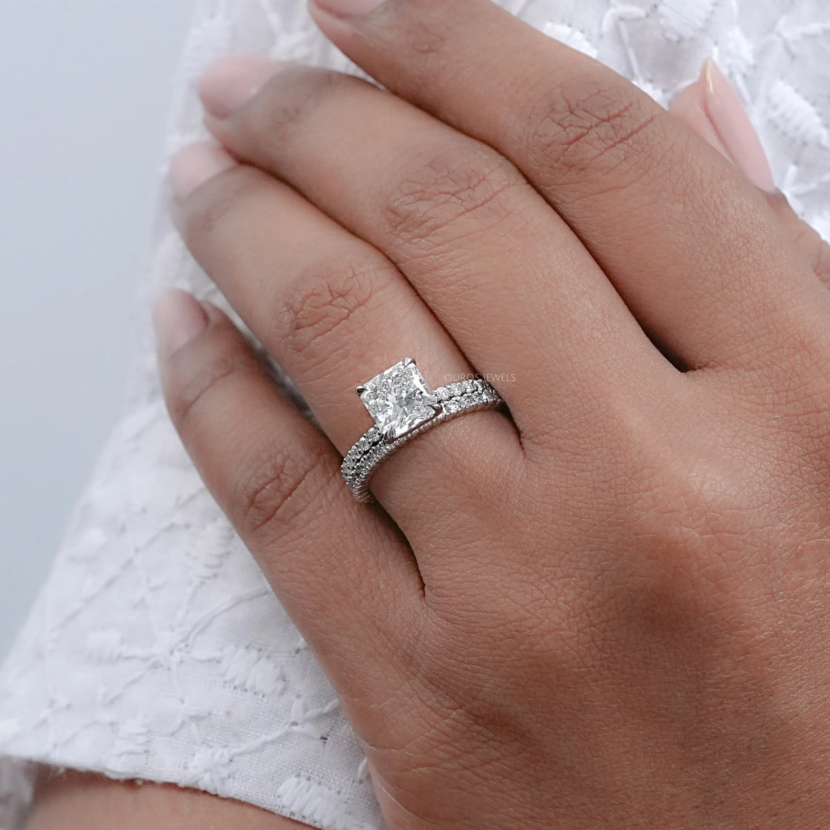 Square Radiant Cut Solitaire Accent Bridal Ring Set Rings