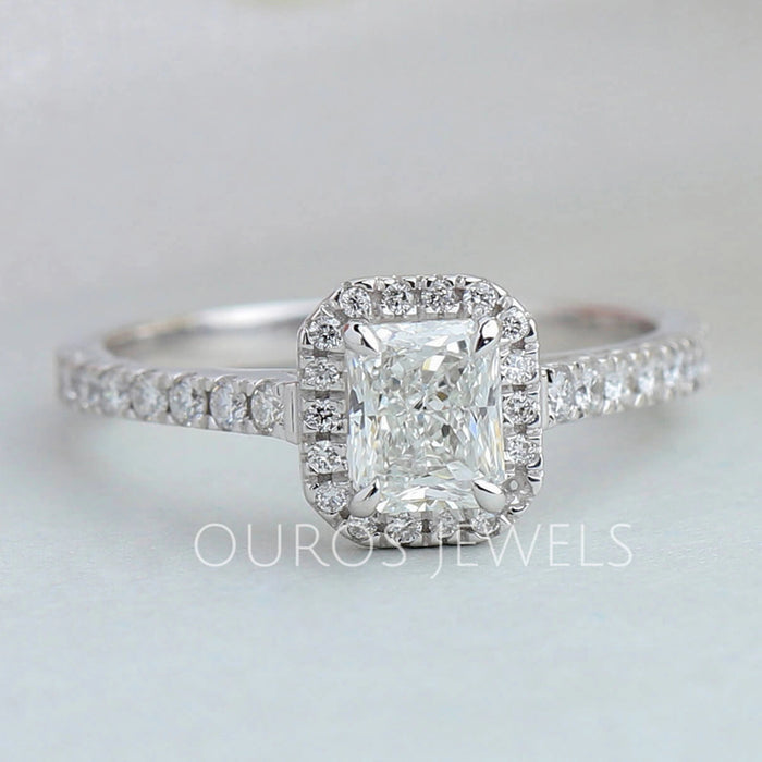 radiant cut lab diamond solitaire halo white gold wedding ring's front view