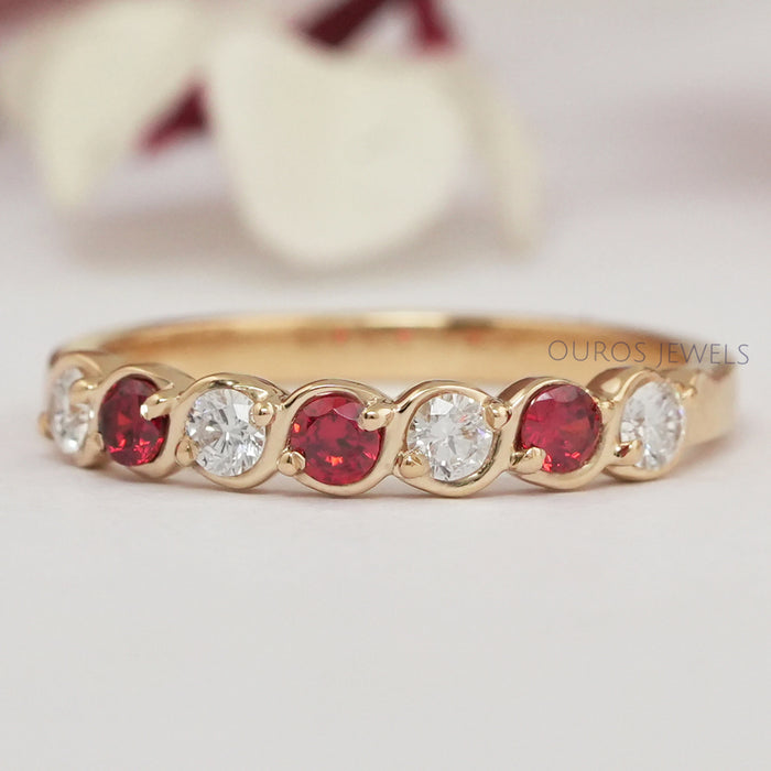 Round Ruby and Lab Grown Diamond Half Eternity Band
