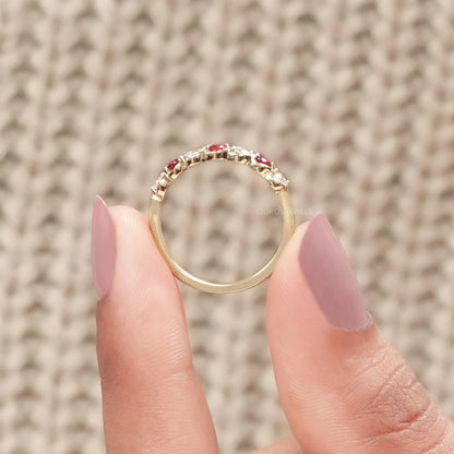 Red Gemstone Round Cut Lab Diamond Half Eternity Band