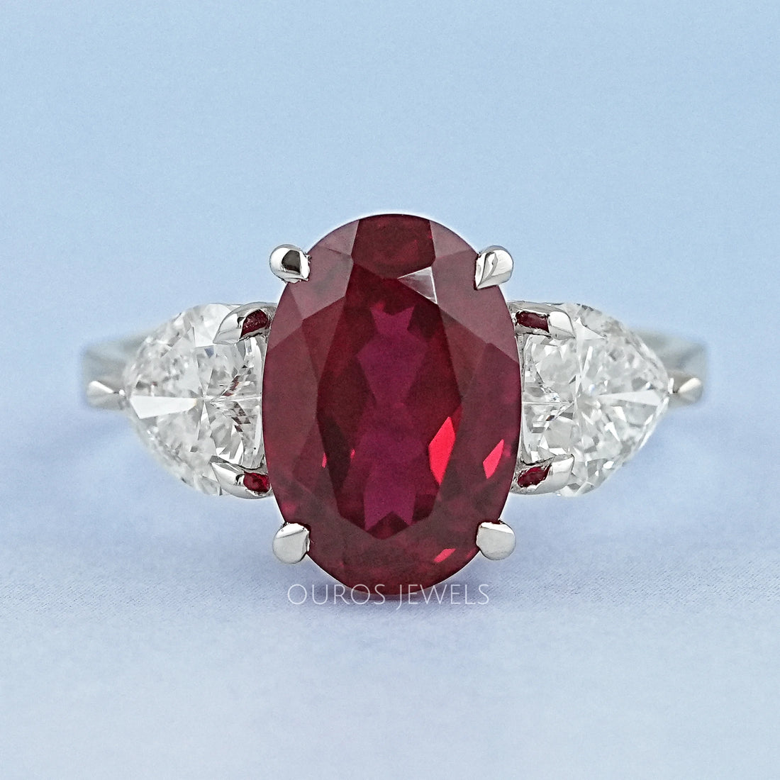 3 Stone Oval Ruby Lab Gemstone Ring Ring
