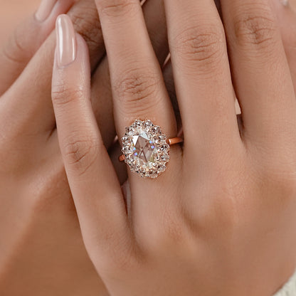 Rose Cut Oval Diamond Halo Engagement Ring