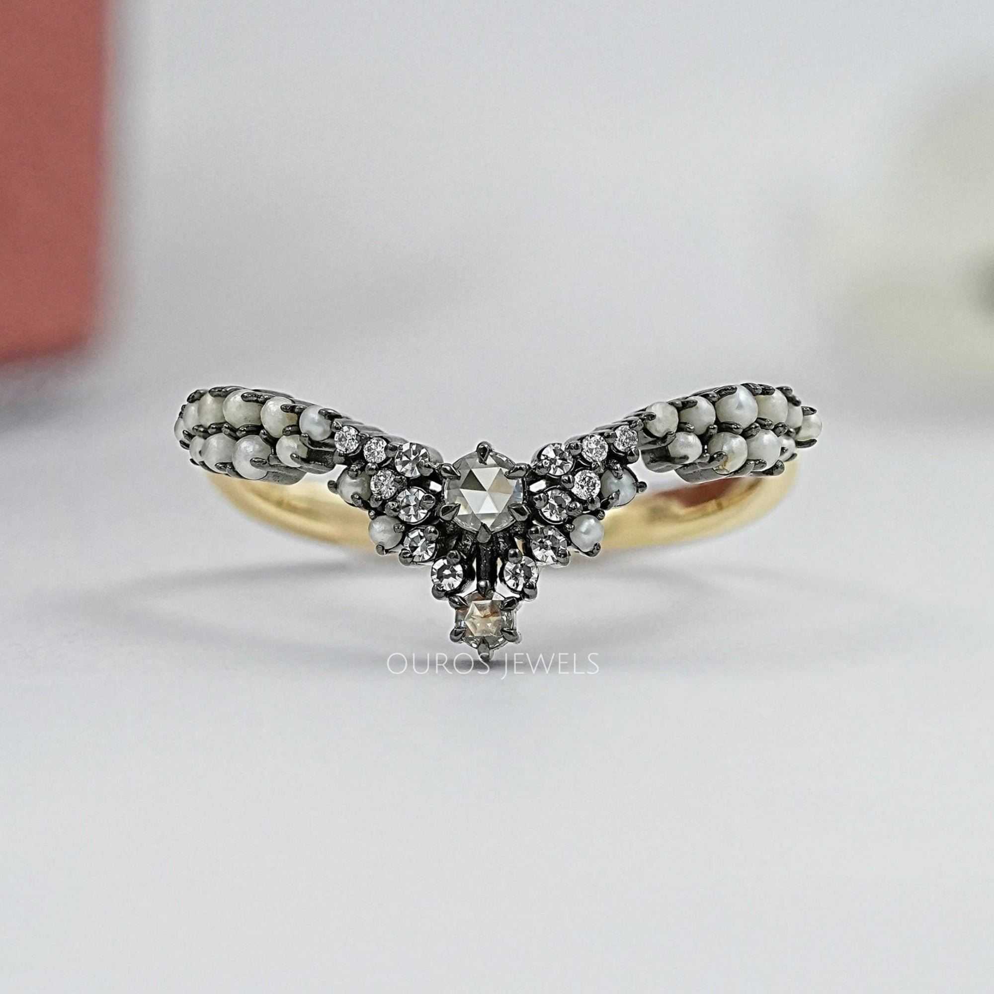 Marquise and Round Lab Diamond Curved Wedding Ring 