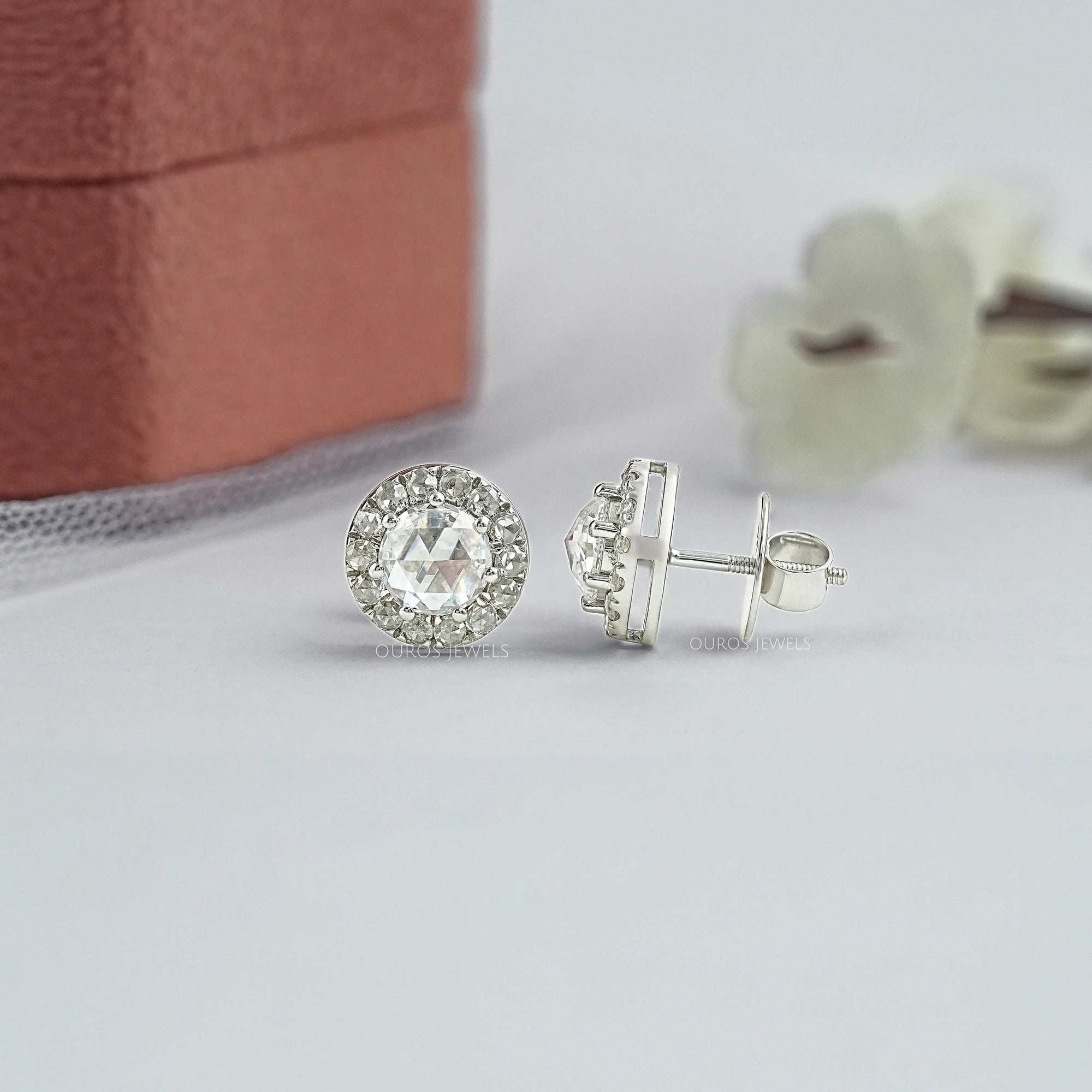 Rose Cut Round Diamond Halo Stud Earrings Earring