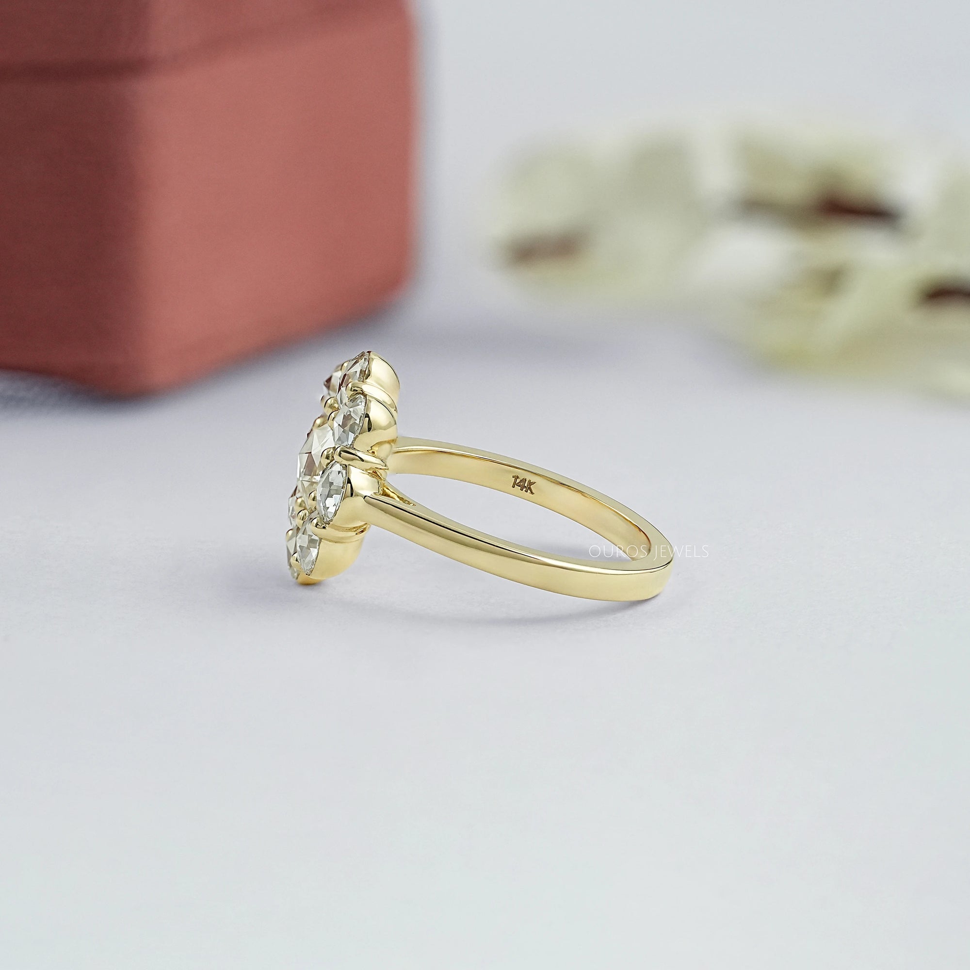Rose Cut Round Diamond Halo Engagement Ring