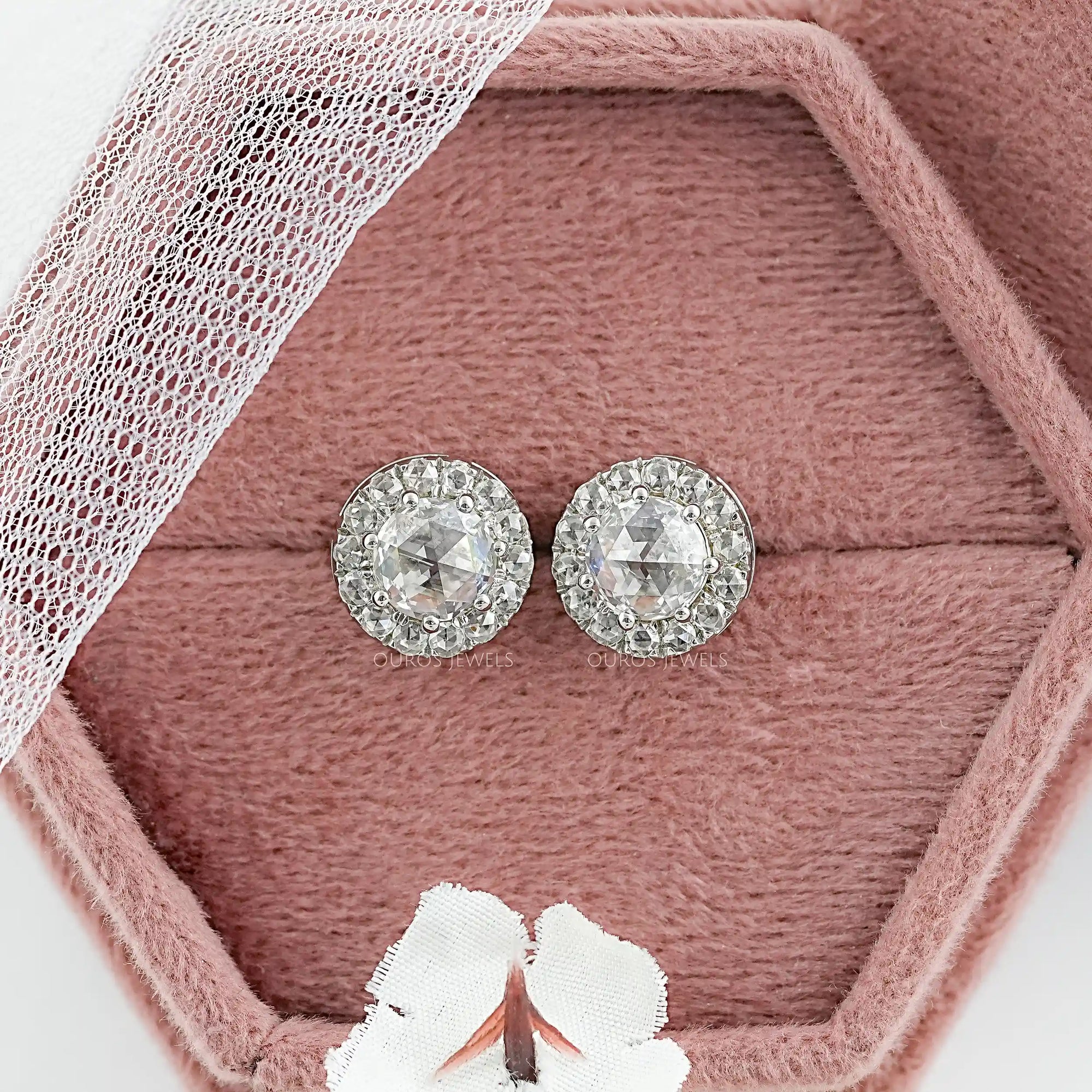 Rose Cut Round Diamond Halo Stud Earrings Earring