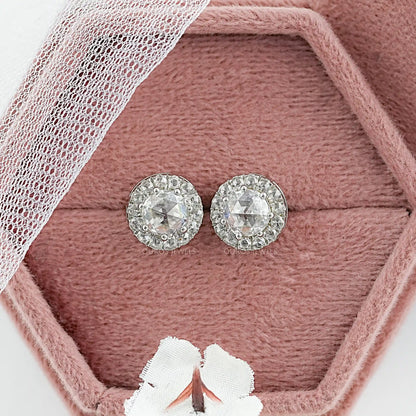 Rose Cut Round Diamond Halo Stud Earrings Earring