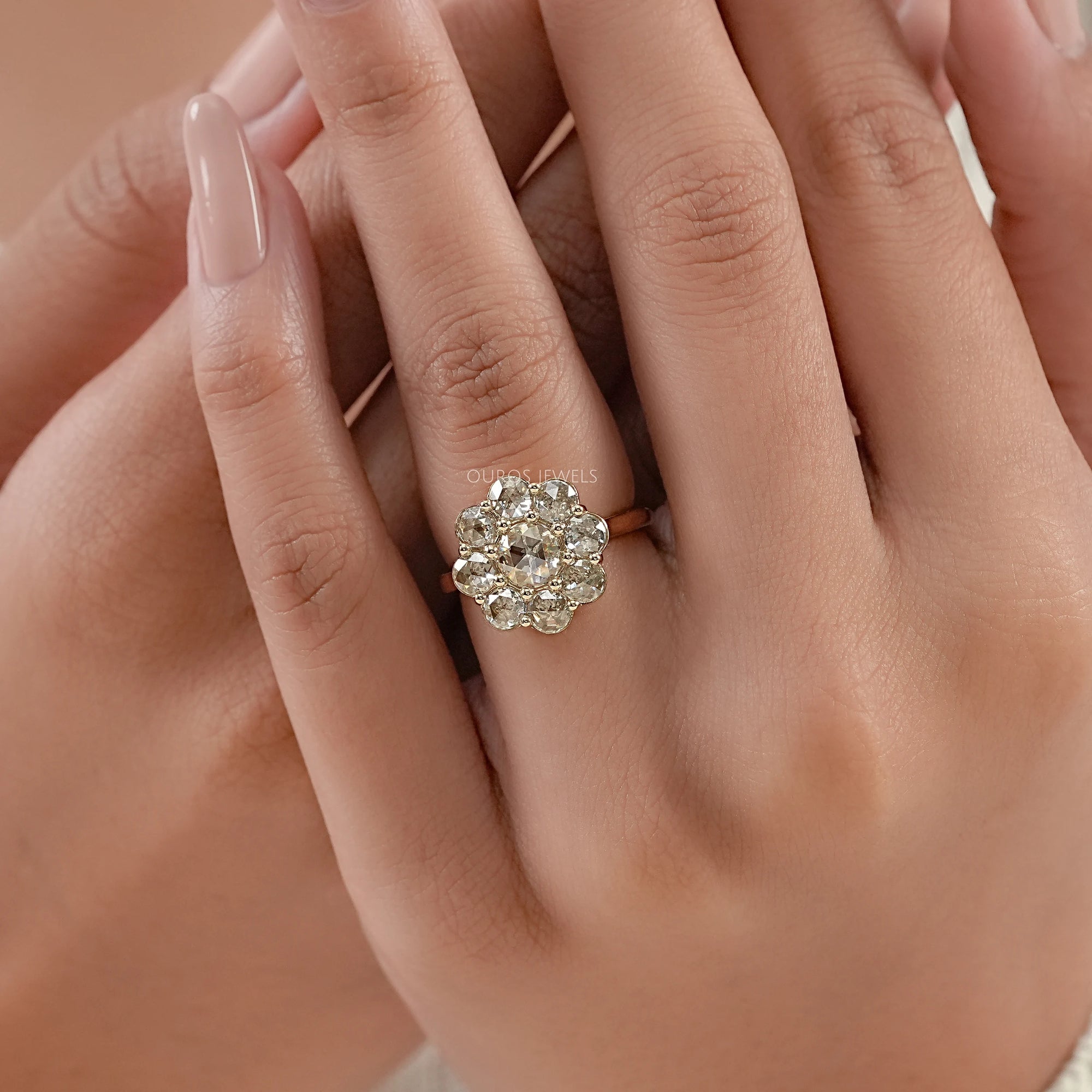 Rose Cut Round Diamond Halo Engagement Ring