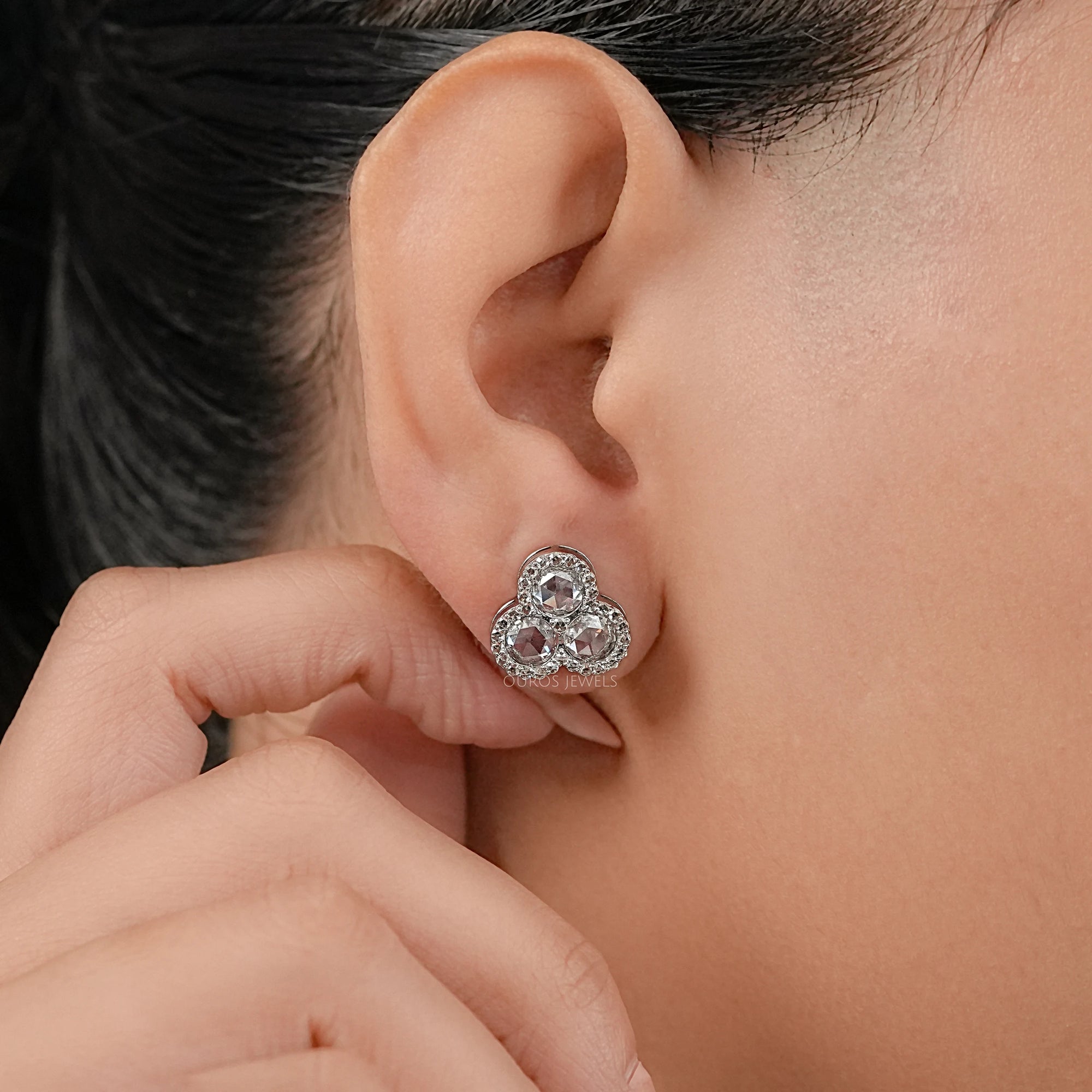 Trio Rose Cut Round Diamond Halo Stud Earrings Earring