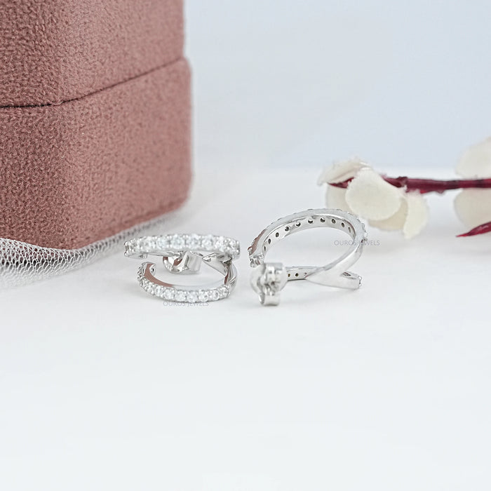 Double Row Round Diamond C Hoop Earrings