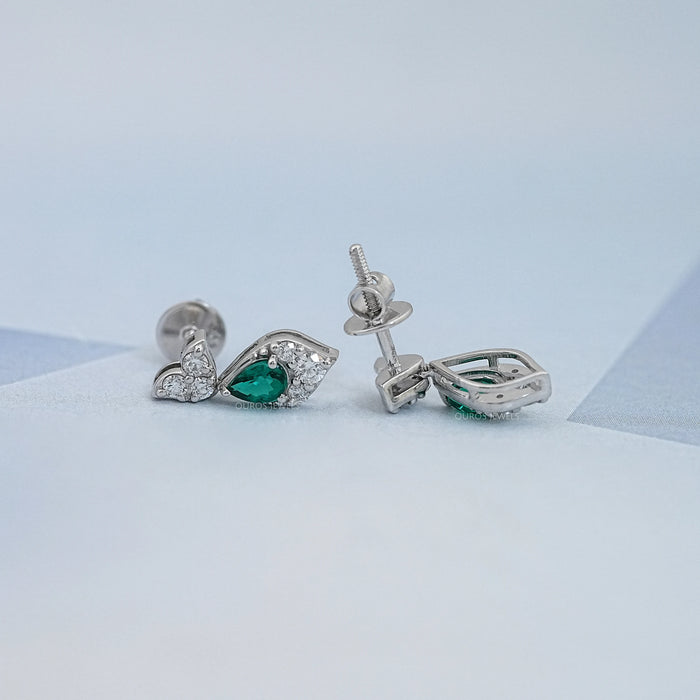 Green Pear And Round Diamond Drop Earrings