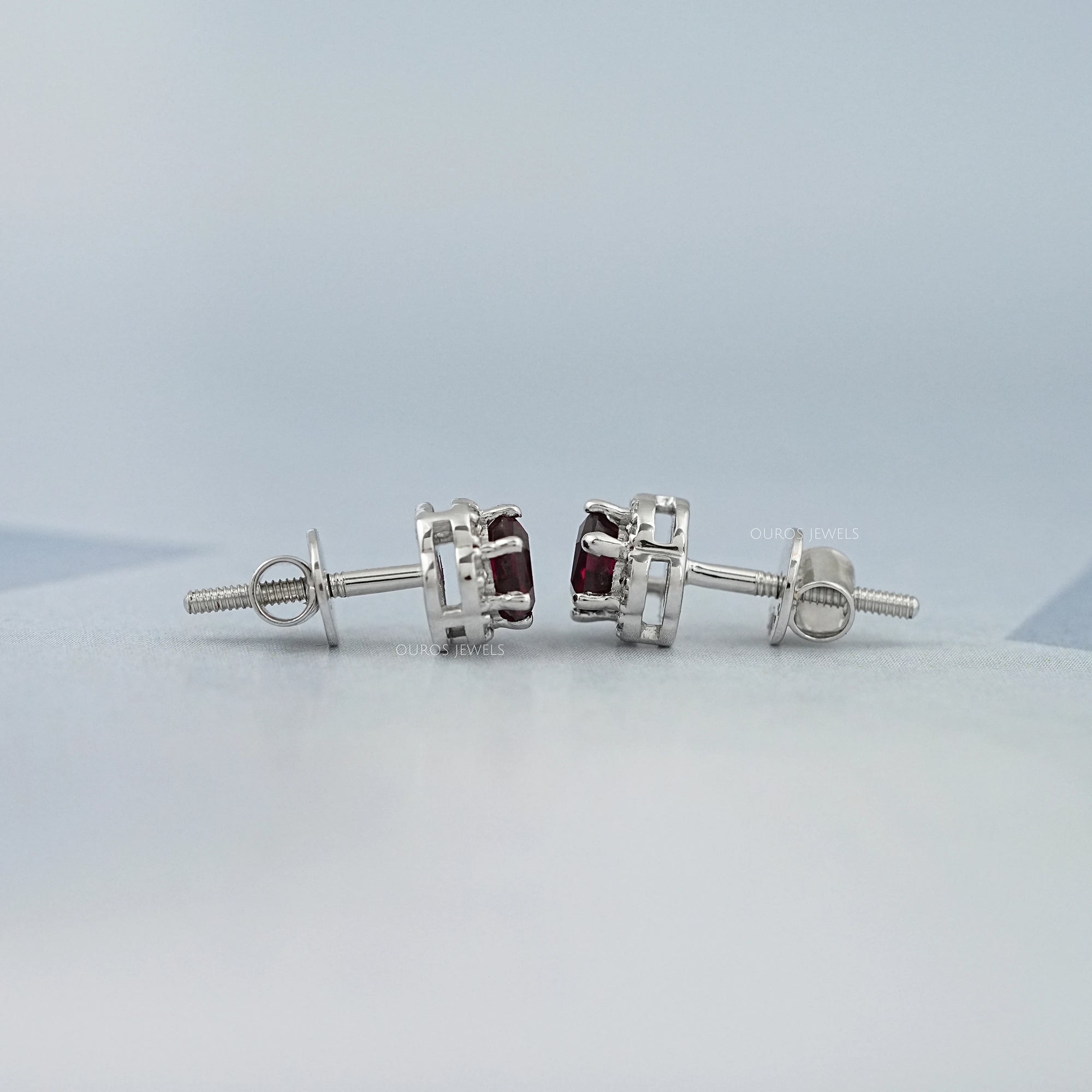 Hexagon Cut Red Ruby Gemstone Halo Stud Earrings Earring
