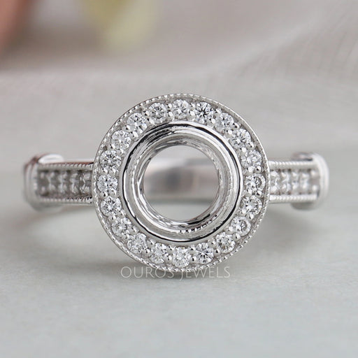 front view of round-shaped lab diamond semi-mount halo engagement ring