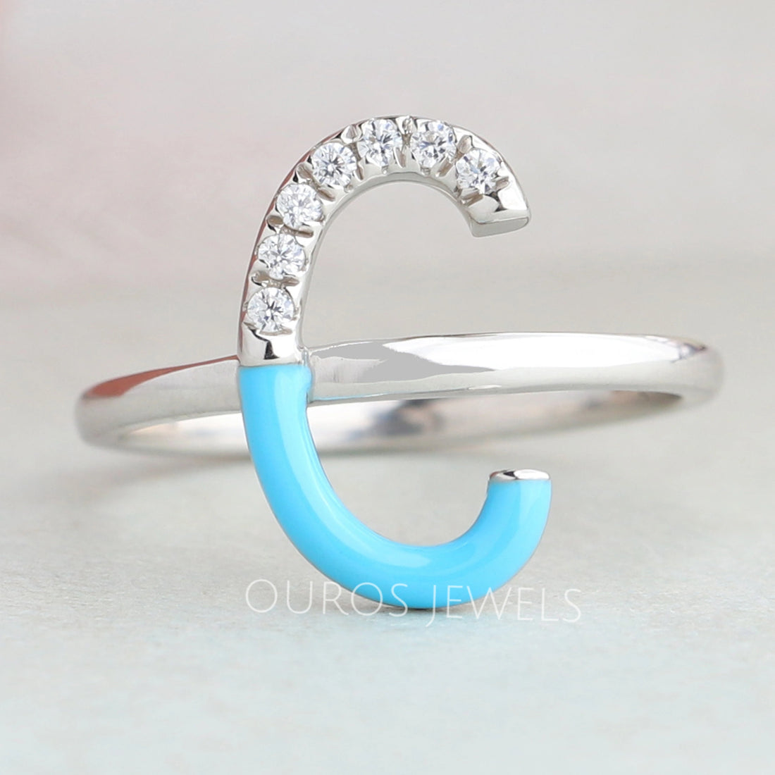 Round Cut Sky Enamel Engagement Ring Rings