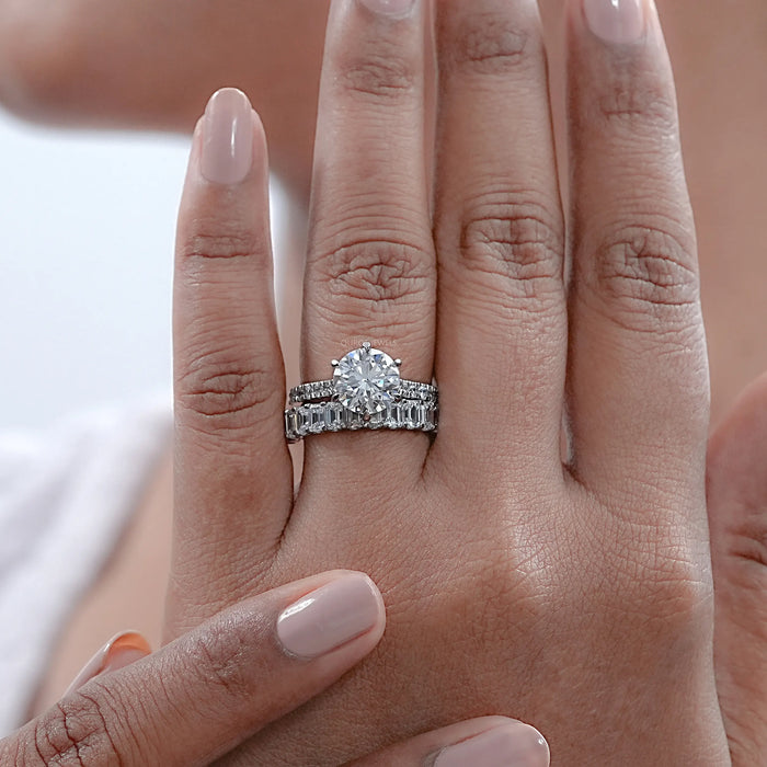 Round Lab Diamond Solitaire Ring With Half Eternity Band Bridal Ring Set