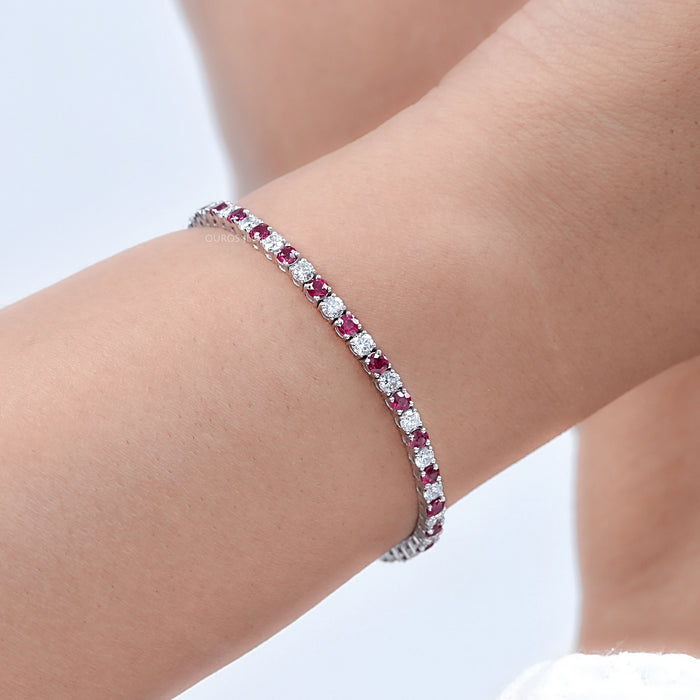 Ruby Round Gemstone And Lab Diamond Tennis Bracelet