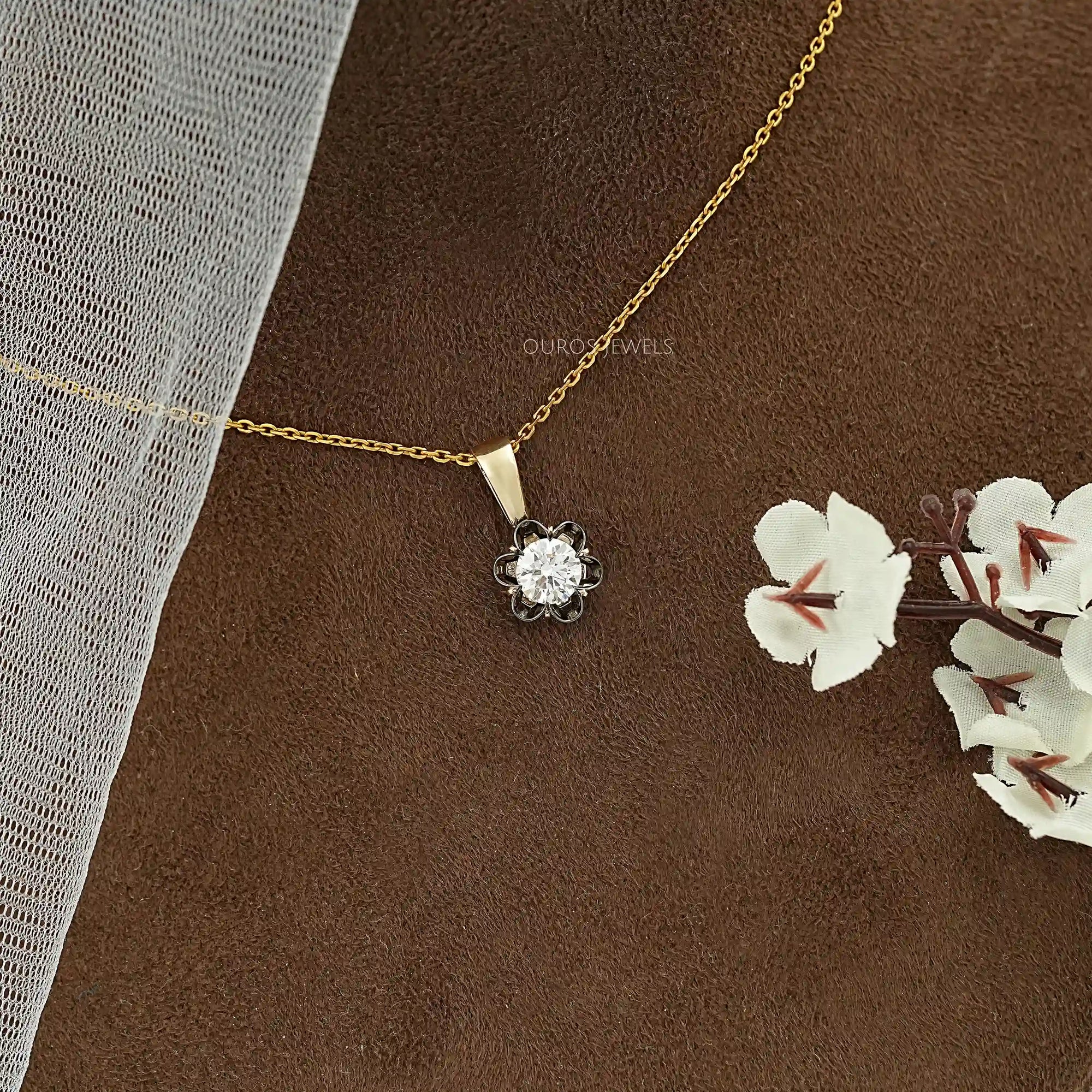 Round Lab Diamond Black Coated Flower Pendant