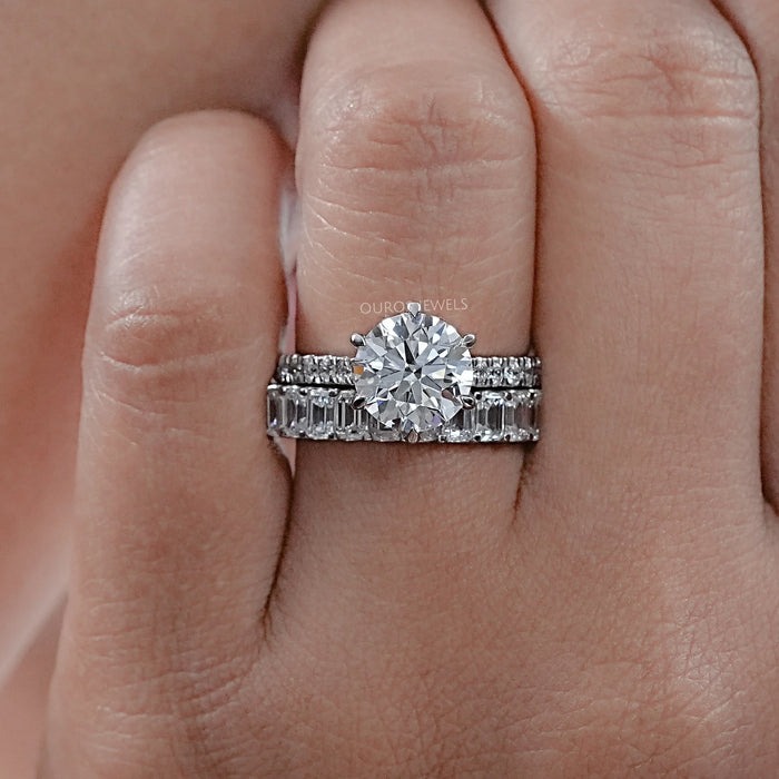 Round Lab Diamond Solitaire Ring With Half Eternity Band Bridal Ring Set