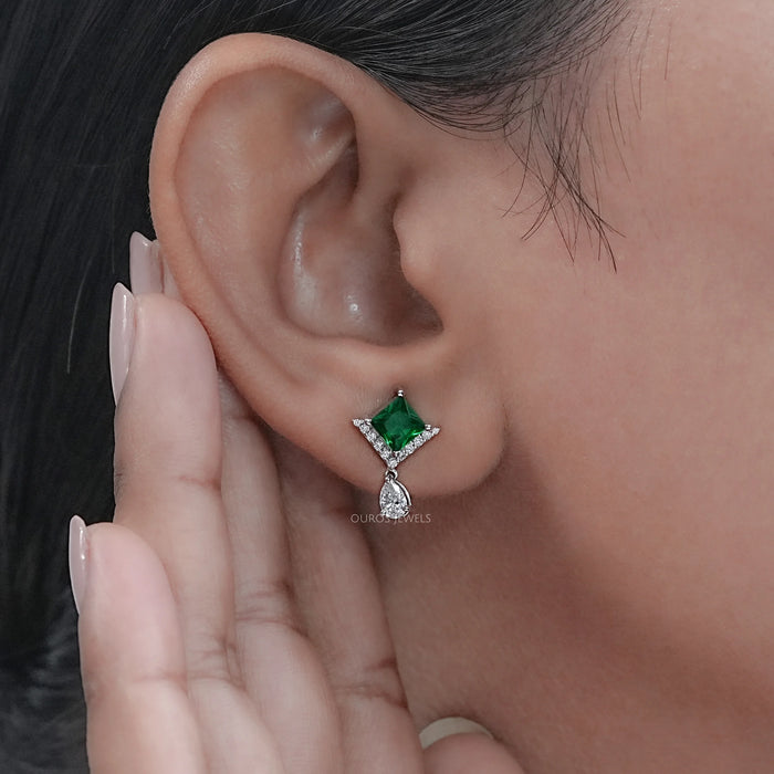 Green Princess Gemstone And Lab Diamond Drop Earrings