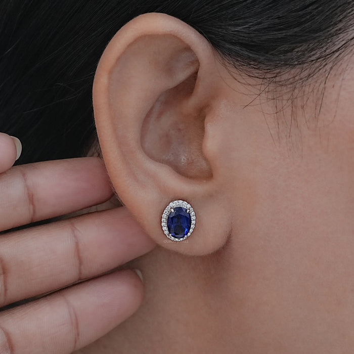 Blue Oval Sapphire Gemstone With Lab Diamond Halo Earring 