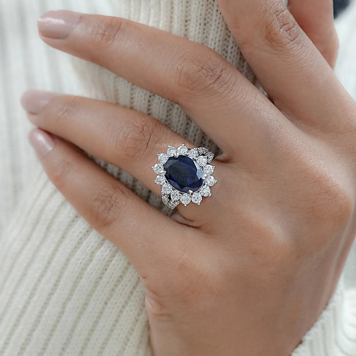 Princess Diana Inspired Split Shank Oval Sapphire Halo Ring 