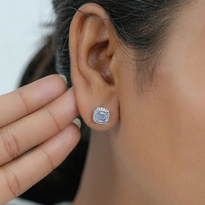 Blue Oval Sapphire Gemstone With Lab Diamond Halo Earring 