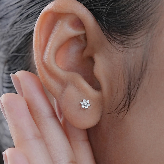 Pink and Blue Round Diamond Flower Earrings