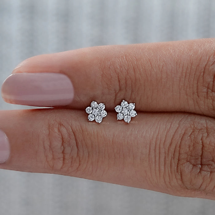 Pink and Blue Round Diamond Flower Earrings
