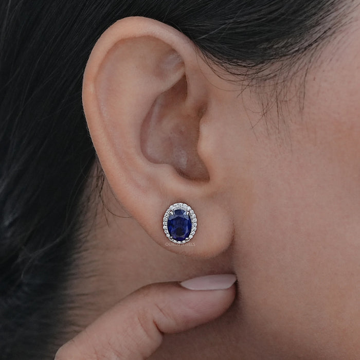 Blue Oval Sapphire Gemstone With Lab Diamond Halo Earring 