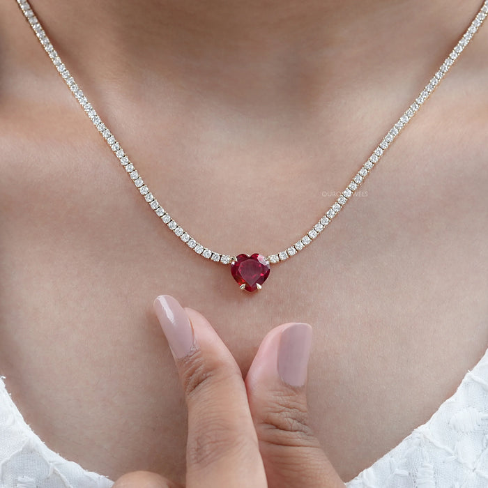Heart Cut Ruby Gemstone And Round Lab Diamond Tennis Necklace 