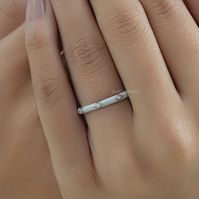 White Enamel Round Diamond Wedding Band Ring