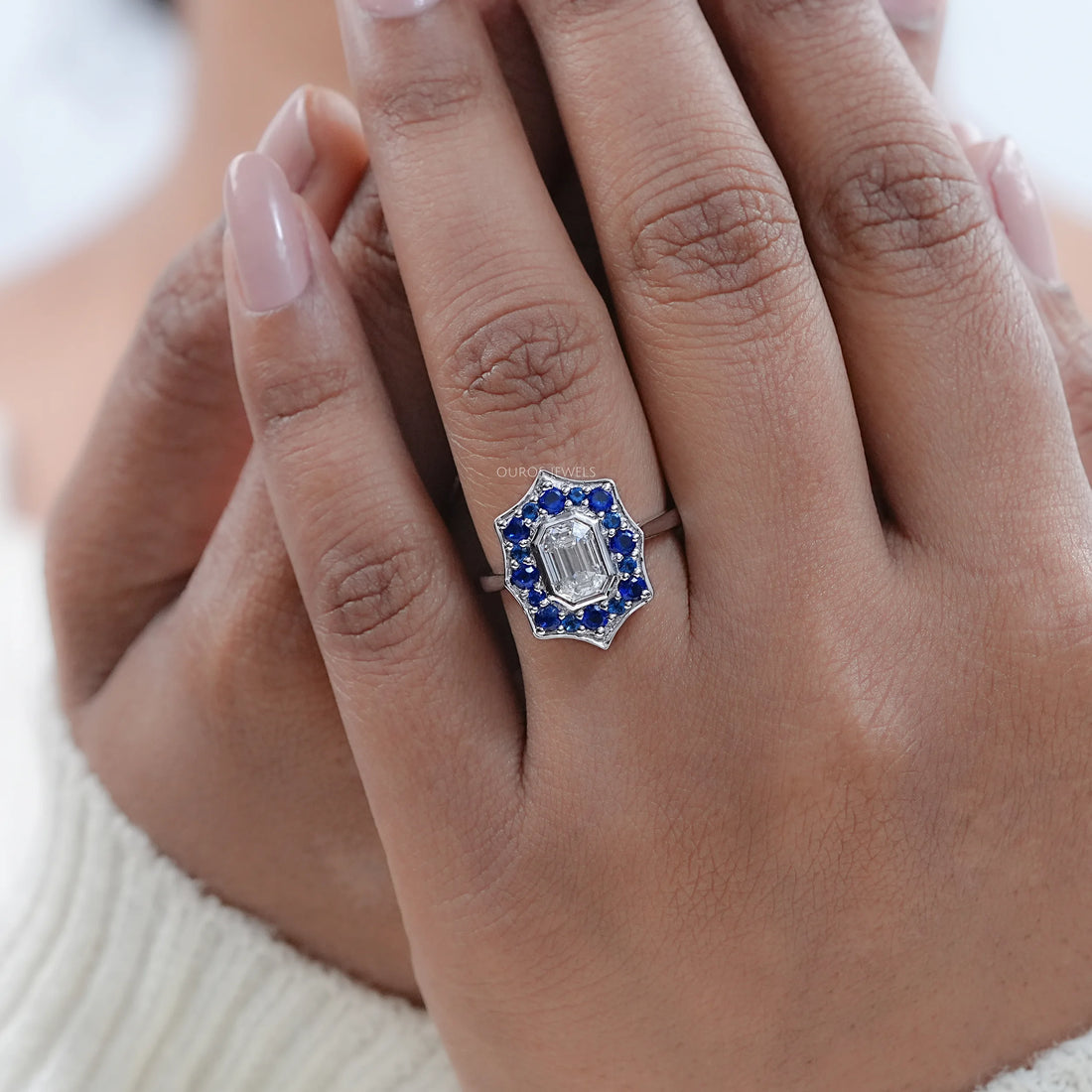 Bezel Set Old Mine Emerald Diamond Halo Gemstone Ring Rings