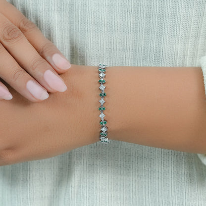 Green Gemstone And Princess Diamond Linked Bracelet