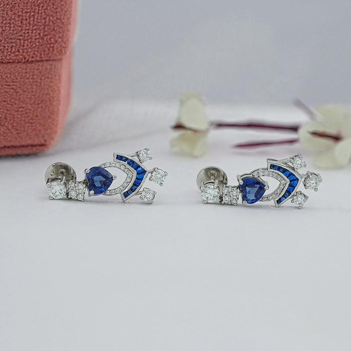 Sapphire Heart And Round Cut Cluster Drop Dangle Earrings