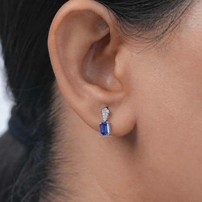 Sapphire Emerald Gemstone Round Diamond Drop Earrings