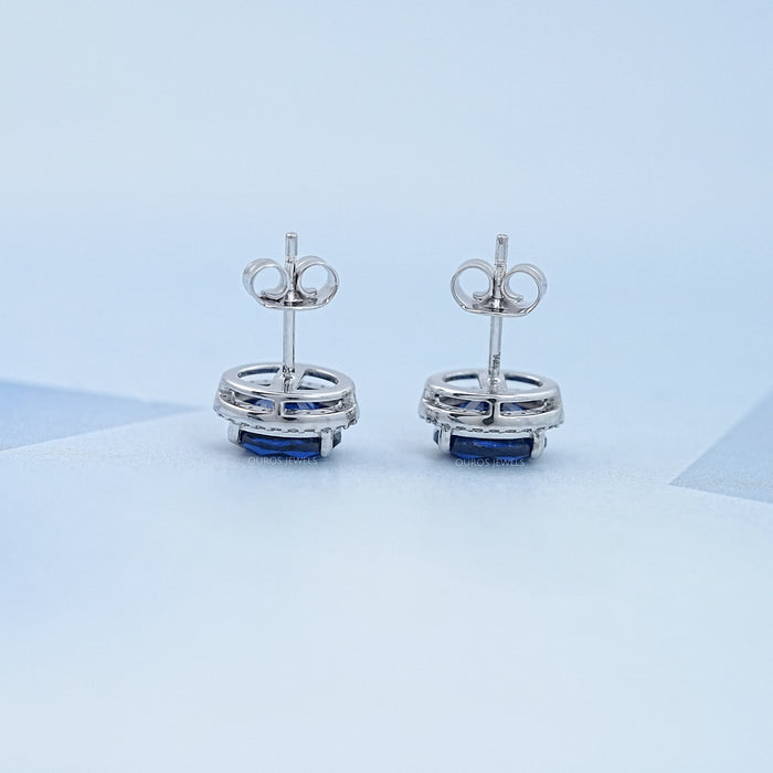 Blue Oval Sapphire Gemstone With Lab Diamond Halo Earring 