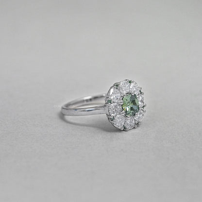 Green Cushion Diamond Halo Engagement Ring