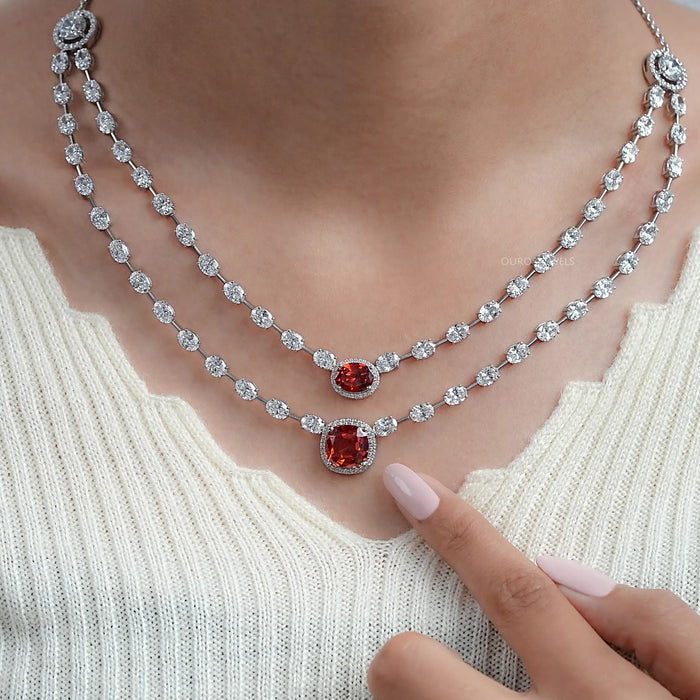 Double Layer Bridal Necklace with Cushion Cut Ruby and Lab Diamond Halo